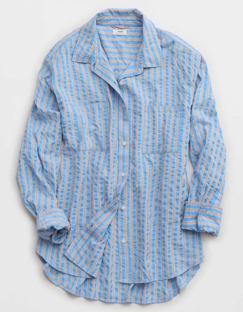 Tシャツ・カットソー AIE SS24 SEERSUCKER COTTON SHIRT (OT726_A-BLUE) Aerie Off-Duty Seersucker Shirt | Men's & Women's Jeans