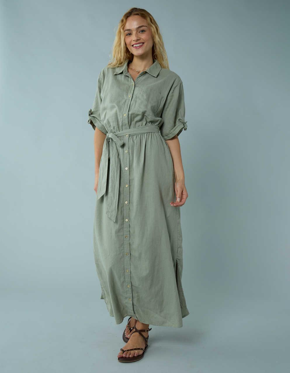knee length dresses for ladies Make It Look Easy Chartreuse Short Sleeve Midi Shirt Dress main image 1