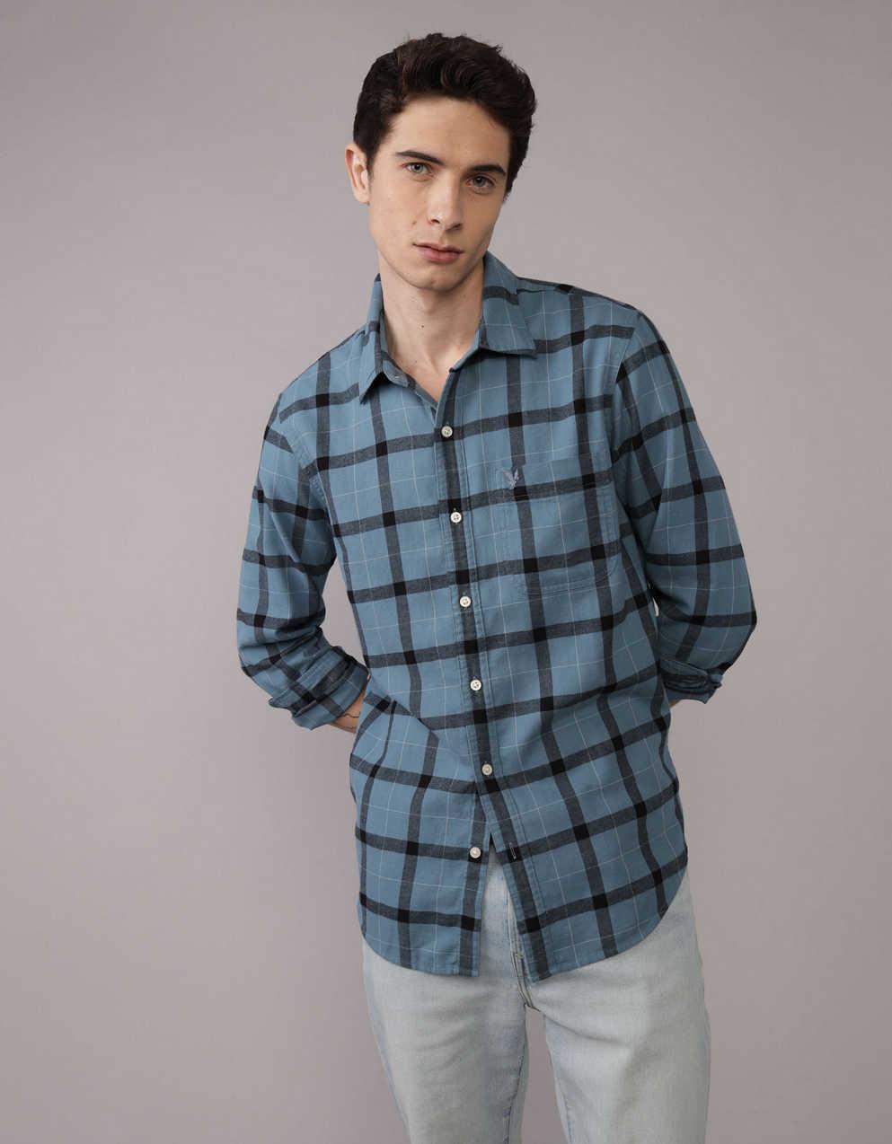 eagle men's dress shirts slim fit American Eagle Mens Dress Shirt Slim Fit gray/off white sz large button front