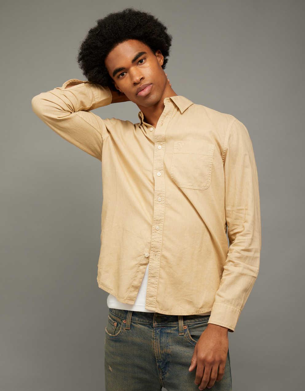american eagle dress shirts Mens Light Blue = underarm Pit Seam to same other side seam ACROSS = 29 SLEEVE BY ITSELF AE Standard Fit Linen-Blend Button-Up