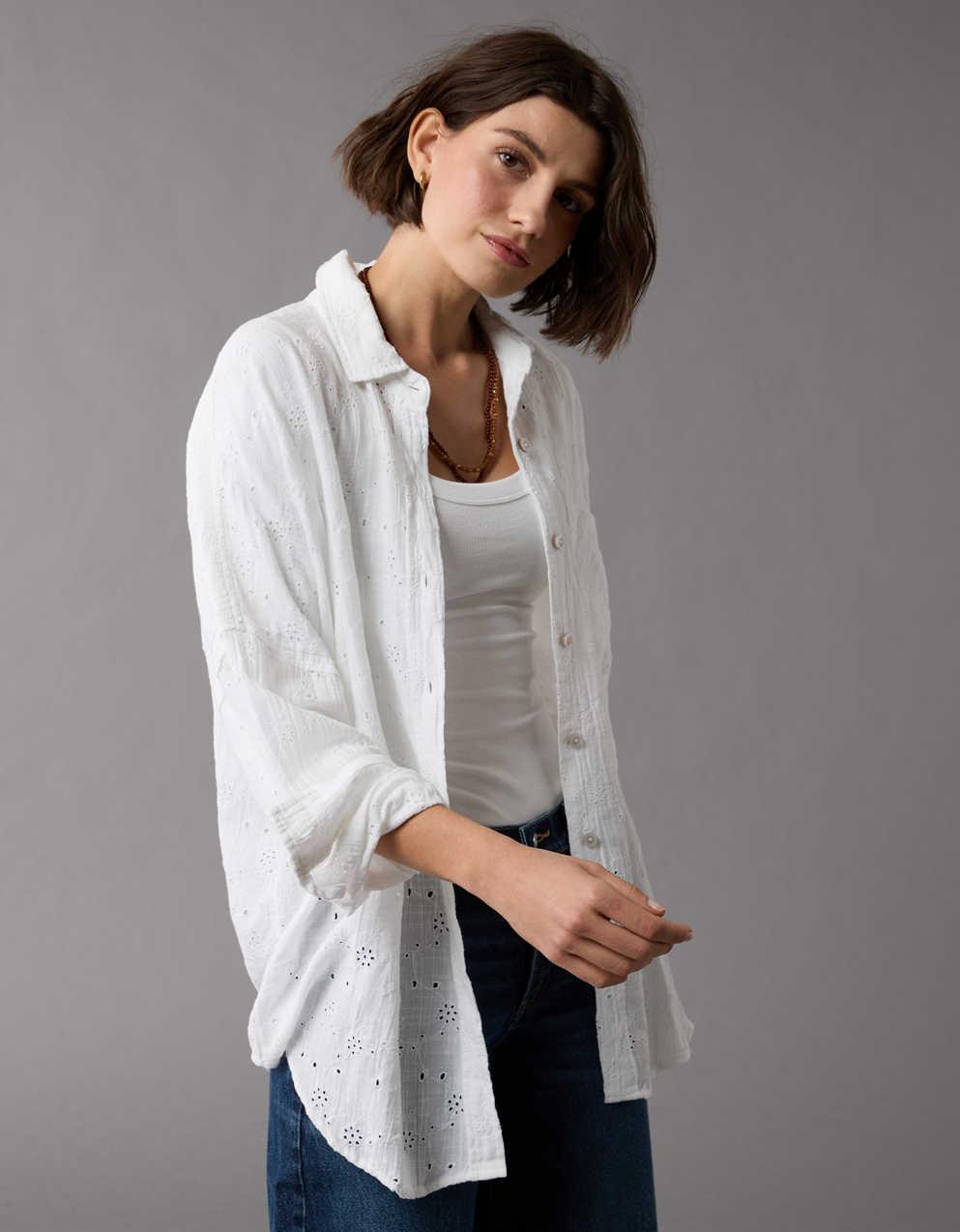 Eé embroidery big shirt white AE Go Big Oversized Eyelet Embroidered Shirt | Men's & Women's
