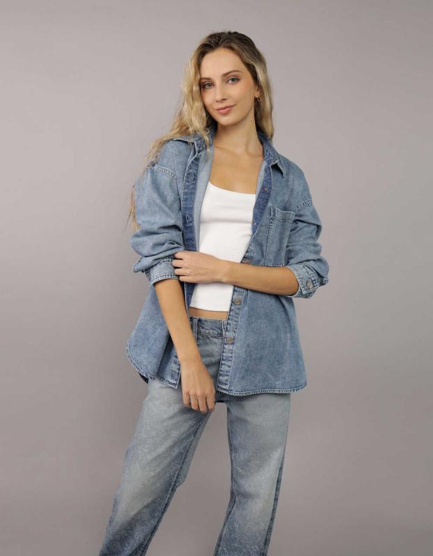 Long Sleeve Shirt With Ripped Jeans AE Long-Sleeve Button-Up Denim