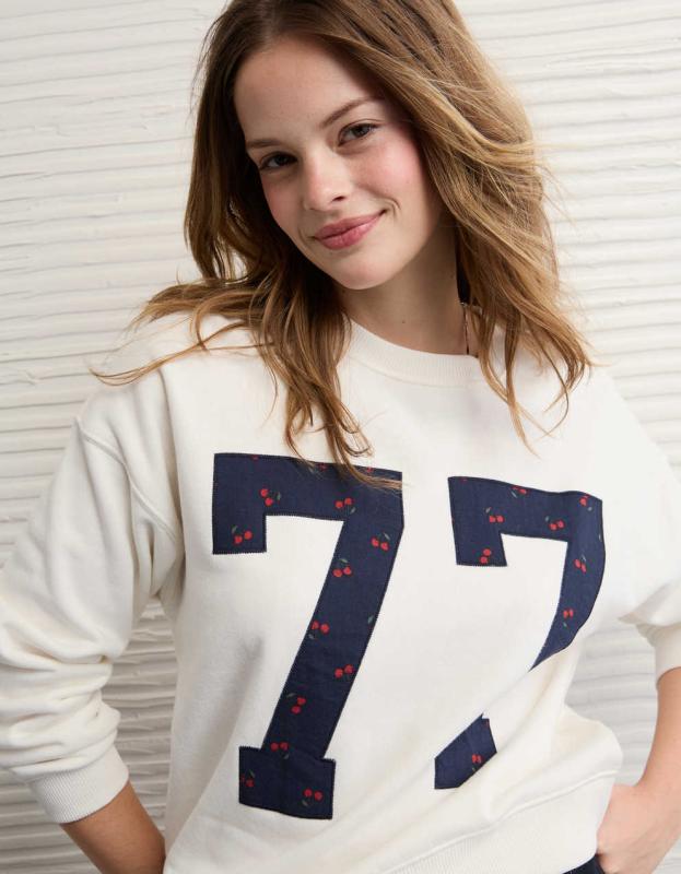 Sweat Col Rond American Eagle Femme - Gris Bruyère Motif Camping - Taille M - Doux