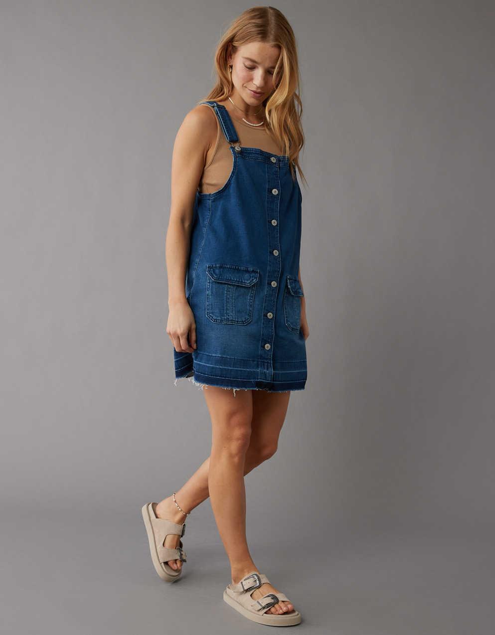  Jeans デニム ピナフォア ミニ ワンピース 送関込 AEデニムボタンアップ・ピナフォア・ワンピース | メンズ
