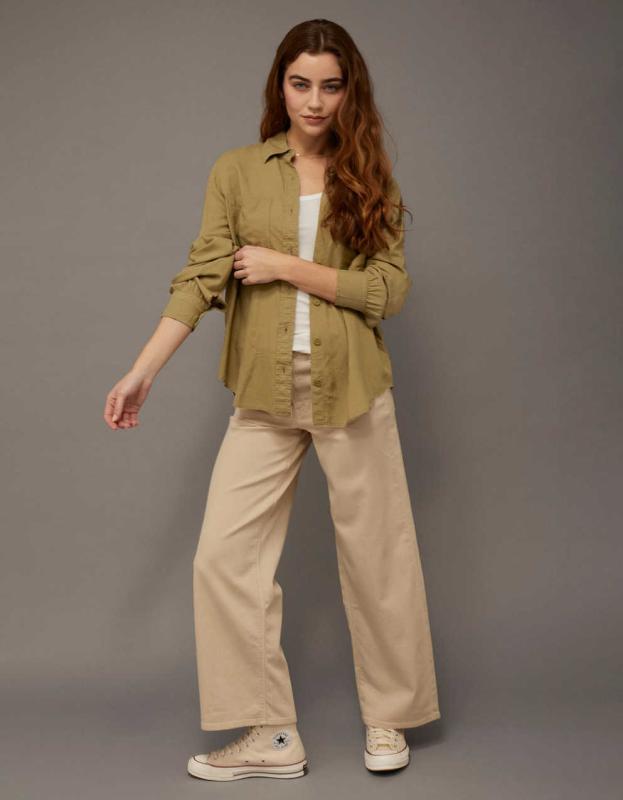 Chemise Manches Longues American Eagle Outfitters Femme - Taille S, Col Rond, Marron Tout Doux