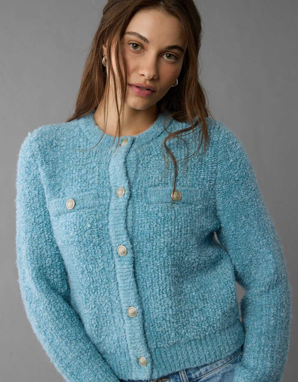 andequal unique button knit cardigan ブルー 8seconds Boucle Round Neck Cardigan Sky Blue | Cardigans for