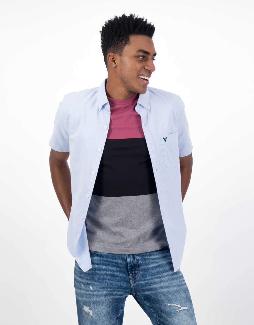 青い半袖ボタンアップシャツ AE 半袖エブリデイ オックスフォード ボタンアップ シャツ | メンズ