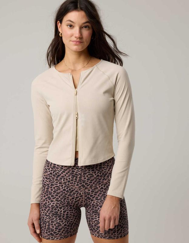 Jacket Aerie Full Zip Cropped Cardigan Aerie OFFLINE Cream Colored