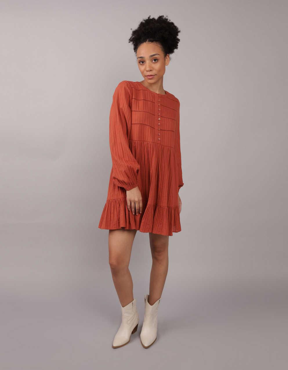 AE Long-Sleeve Flowy Babydoll Mini Dress | Men's \u0026 Women's Jeans, Clothes \u0026  Accessories | American Eagle Japan