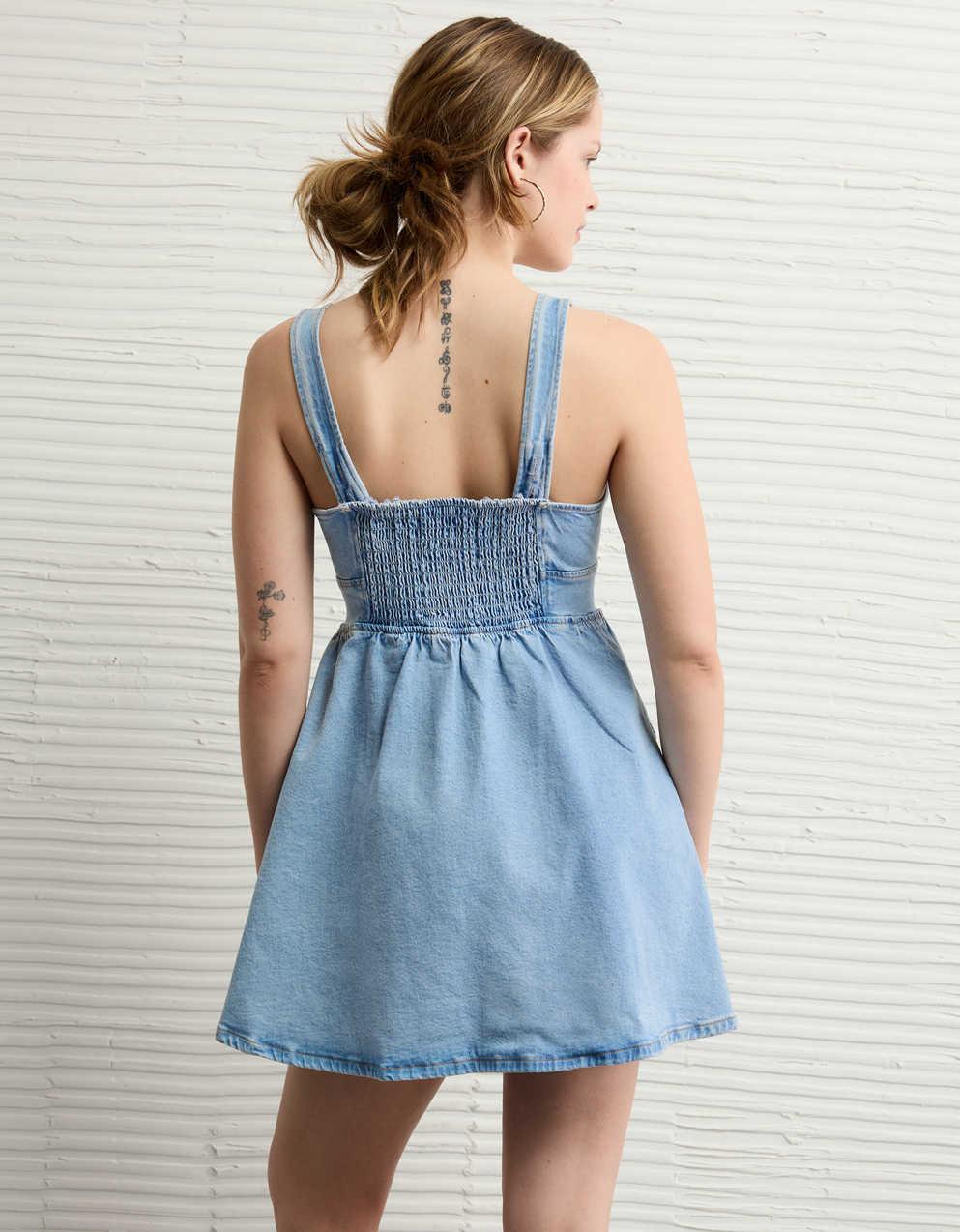 blue jean skater dress V-Back Denim Skater Dress with Bow Tie Detail – The802Gypsy