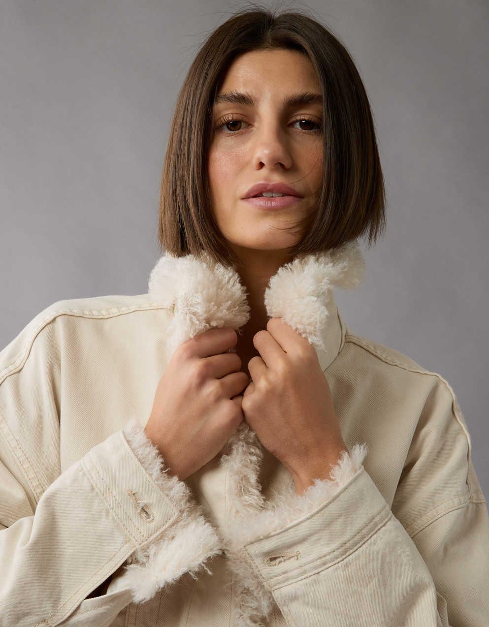 AE Ecru Denim Sherpa Trucker Jacket | Men's & Women's Jeans