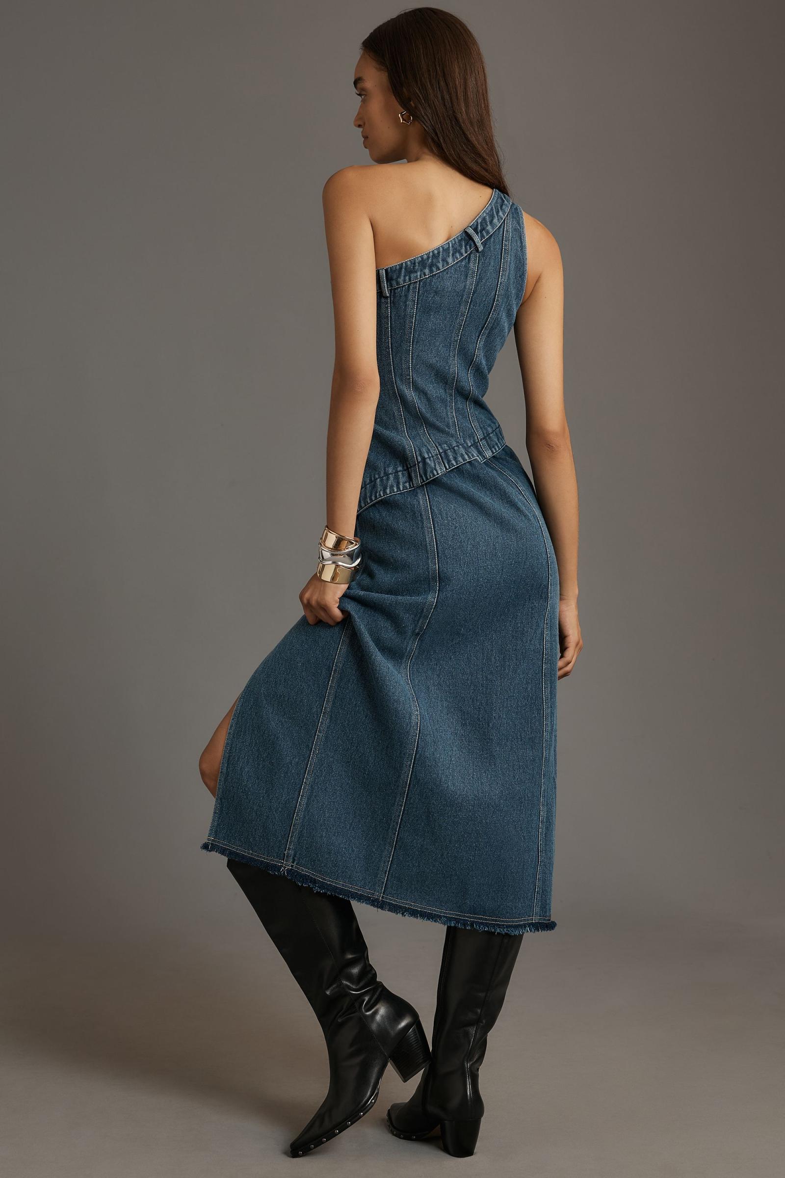 ☆22SS☆【INSTANTFUNK】☆22SS One-shoulder denim dres.s☆ Forever That Girl Camila One-Shoulder Denim Midi Dress
