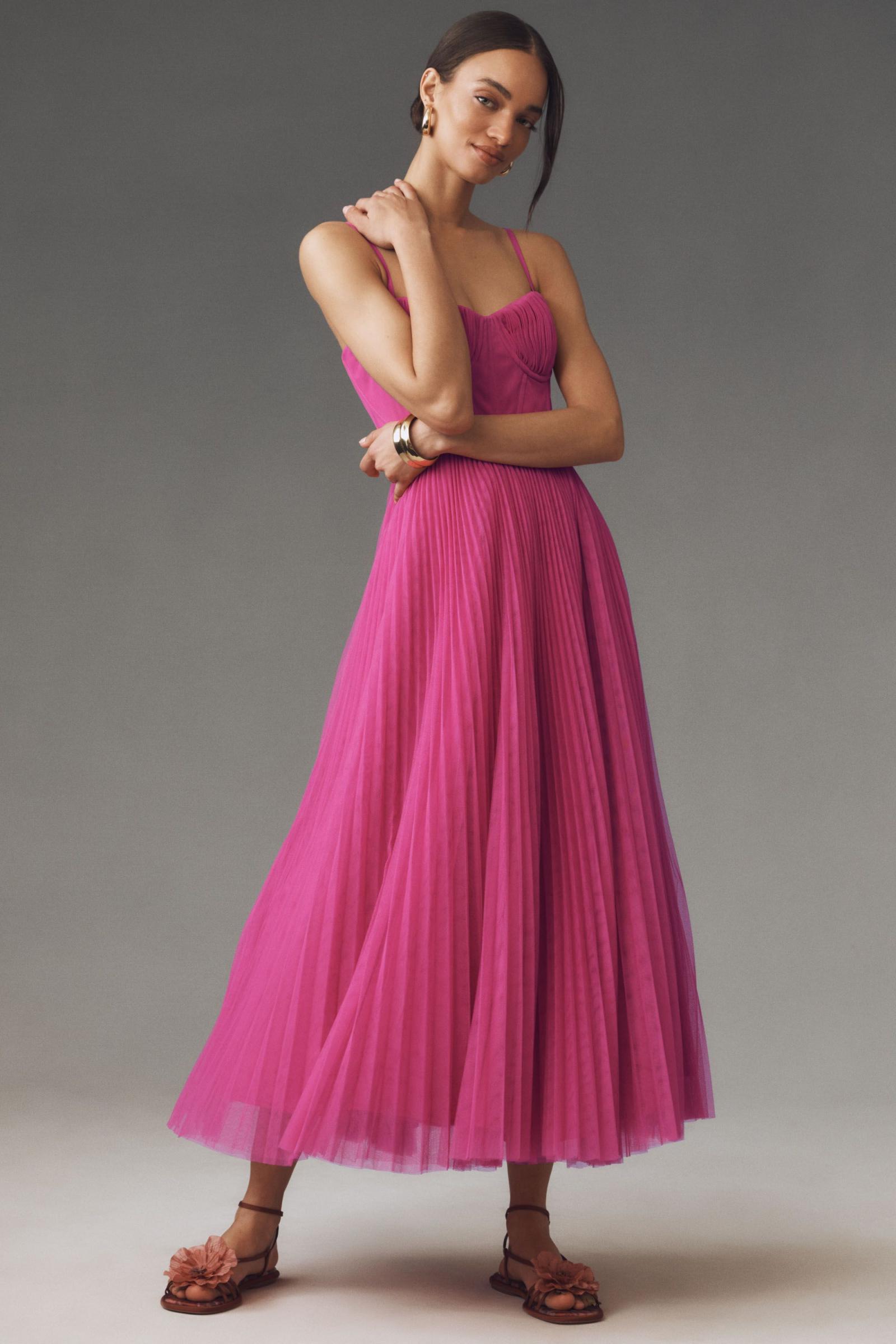 コルセット プリーツ チュールフレア ミディドレス by Hutch Hutch Amara Corset Pleated Tulle Fit & Flare Midi Dress