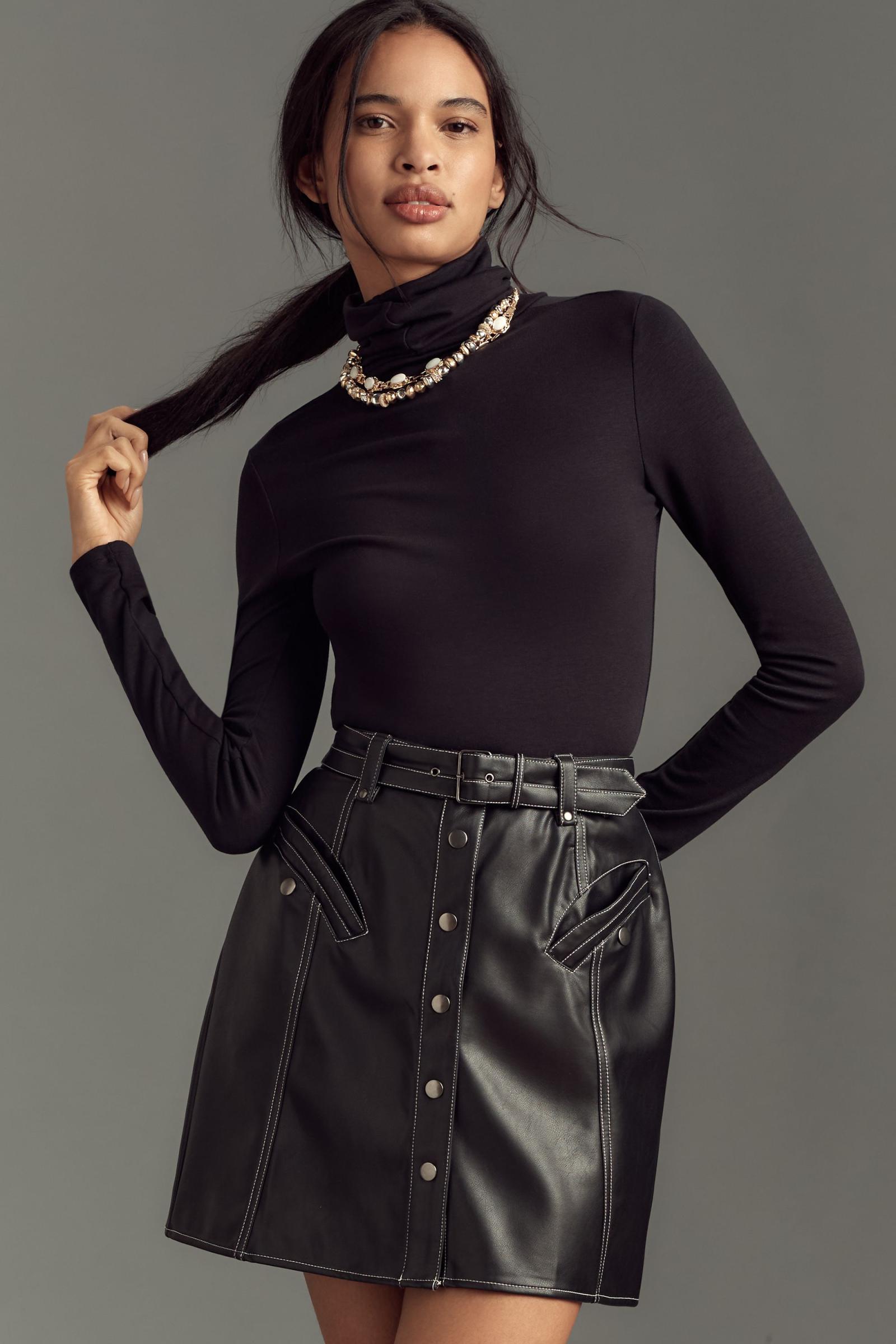 button front leather skirt