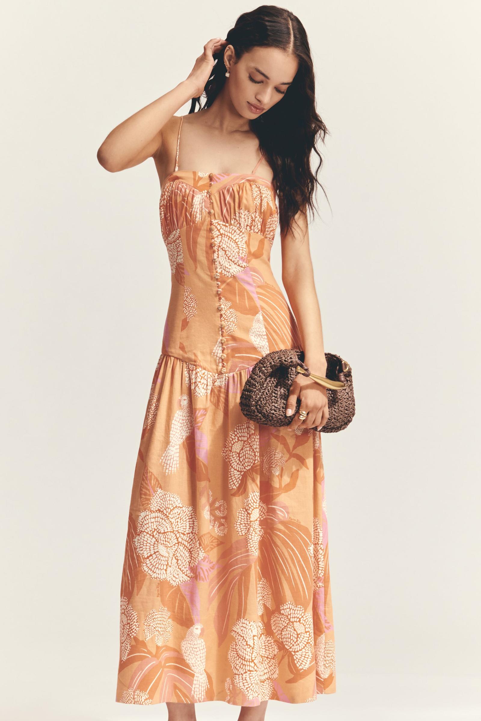 Farm Rio x Anthropologie 華やかプリント パフスリーブ ドレス Farm Rio x Anthropologie Puff-Sleeve Sweetheart Linen Midi