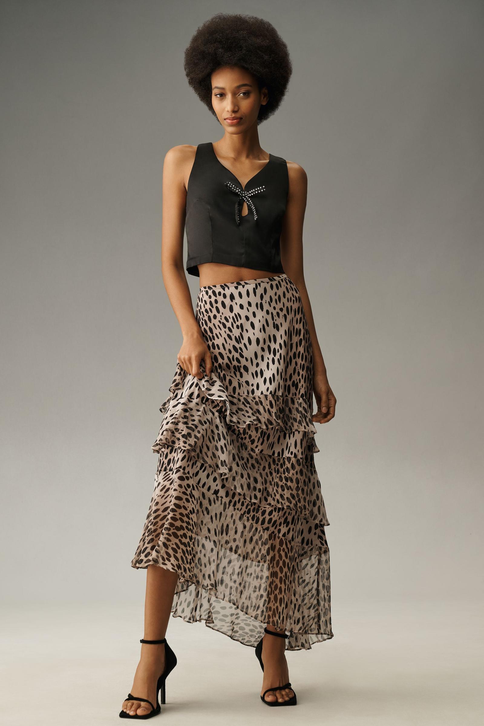 【Anthropologie】RIXO レオパードプレスリーシルクスカート RIXO Leopard Preslee Silk Ruffled Midi Skirt | Anthropologie