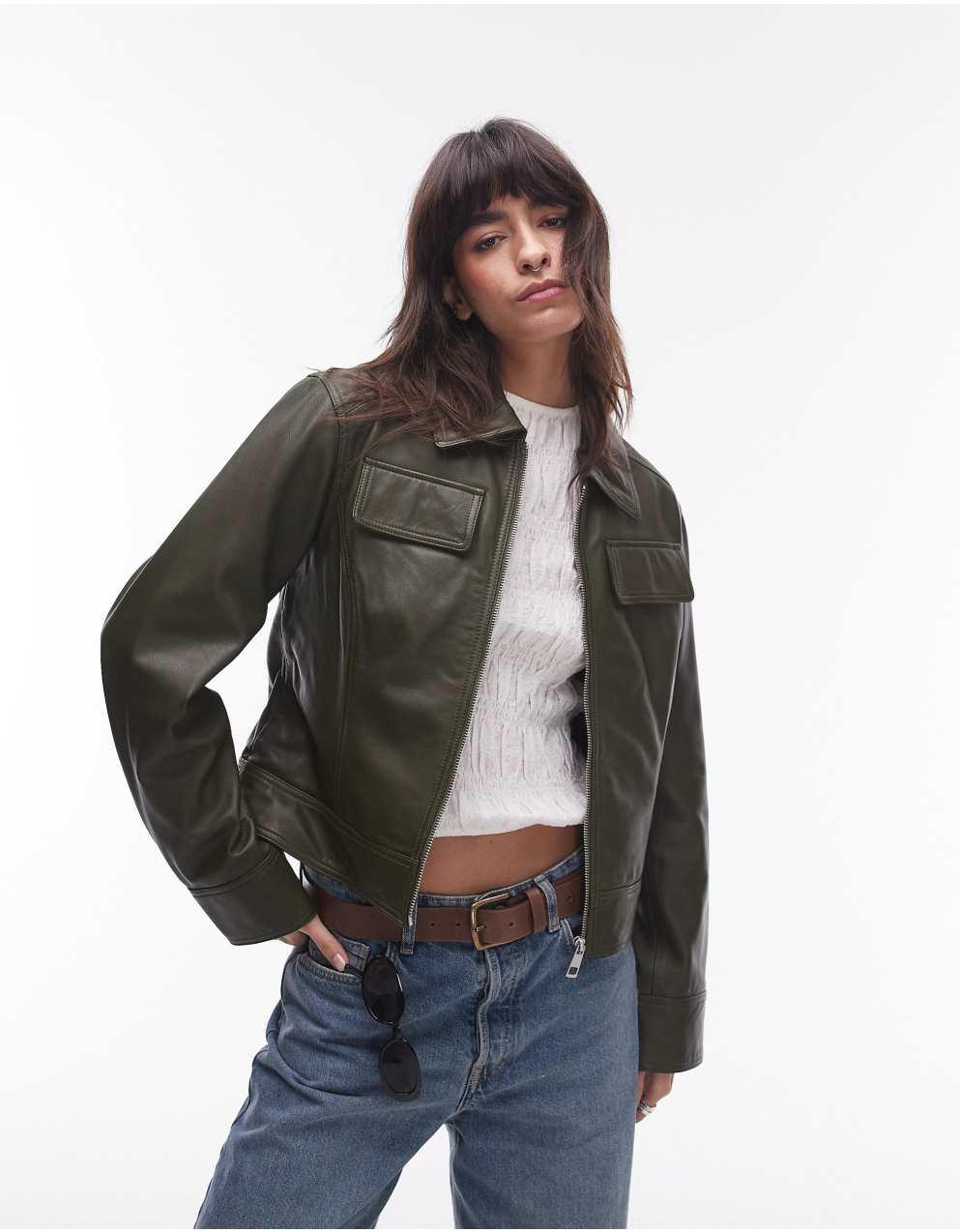 アップリケフラワー付き クロップ丈 レザージャケット Topshop asos レザージャケット クロップ丈