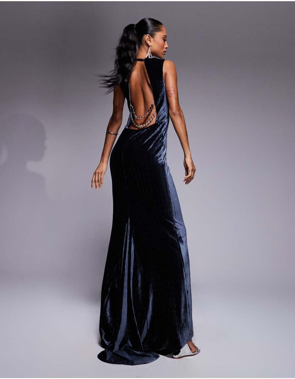 Cider◆ベルベット Vネック バックレス ミディドレス【送料込】 Velvet Velvet V-neck Belted Split Midi Dress For Party/Clubbing