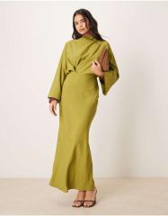 オリーブグリーン フリルスリーブ マキシドレス ASOS DESIGN - ASOS DESIGN 長袖タックウエストバイアスマキシ