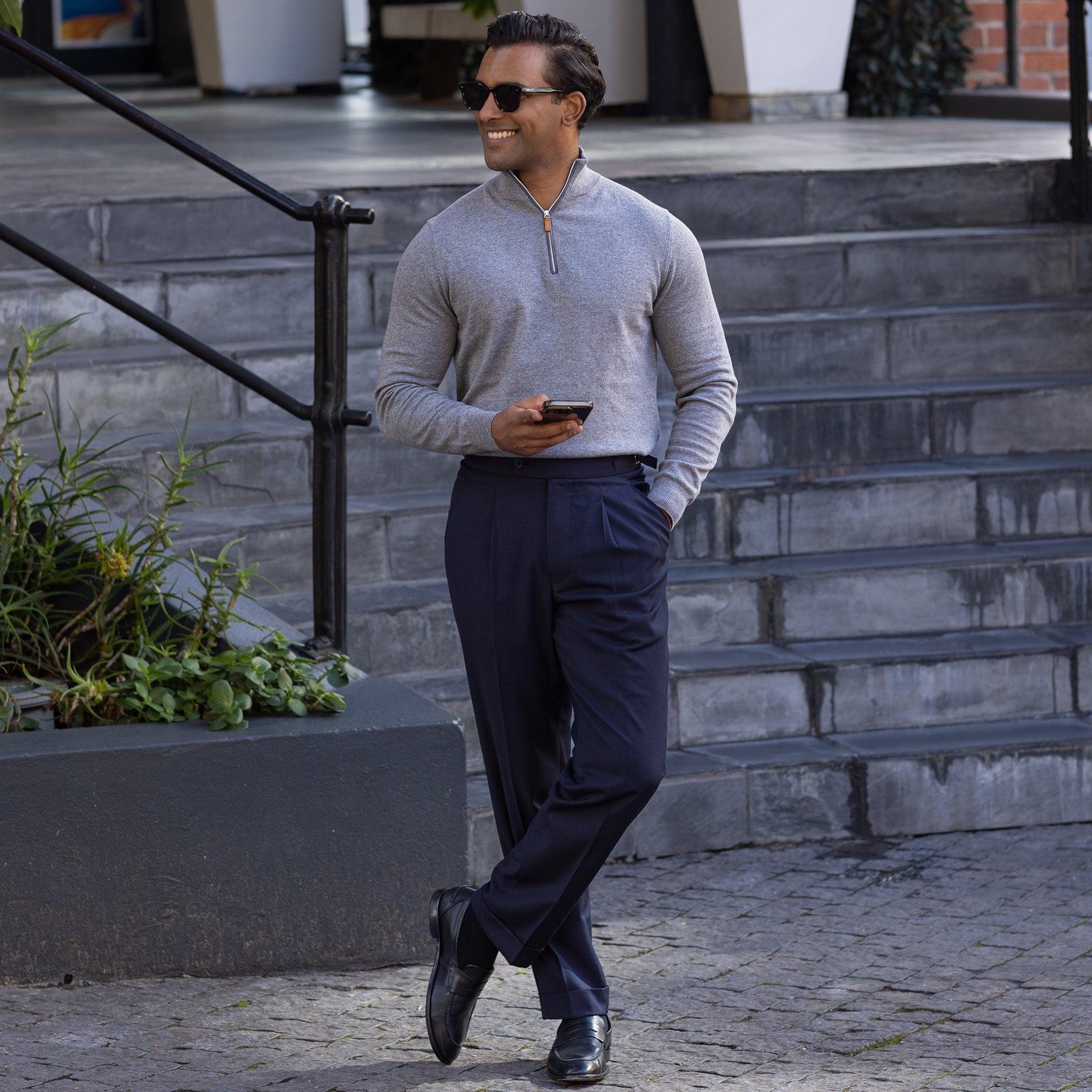 Grey with Grey Trim Luxury Touch Cotton and Cashmere Quarter Zip