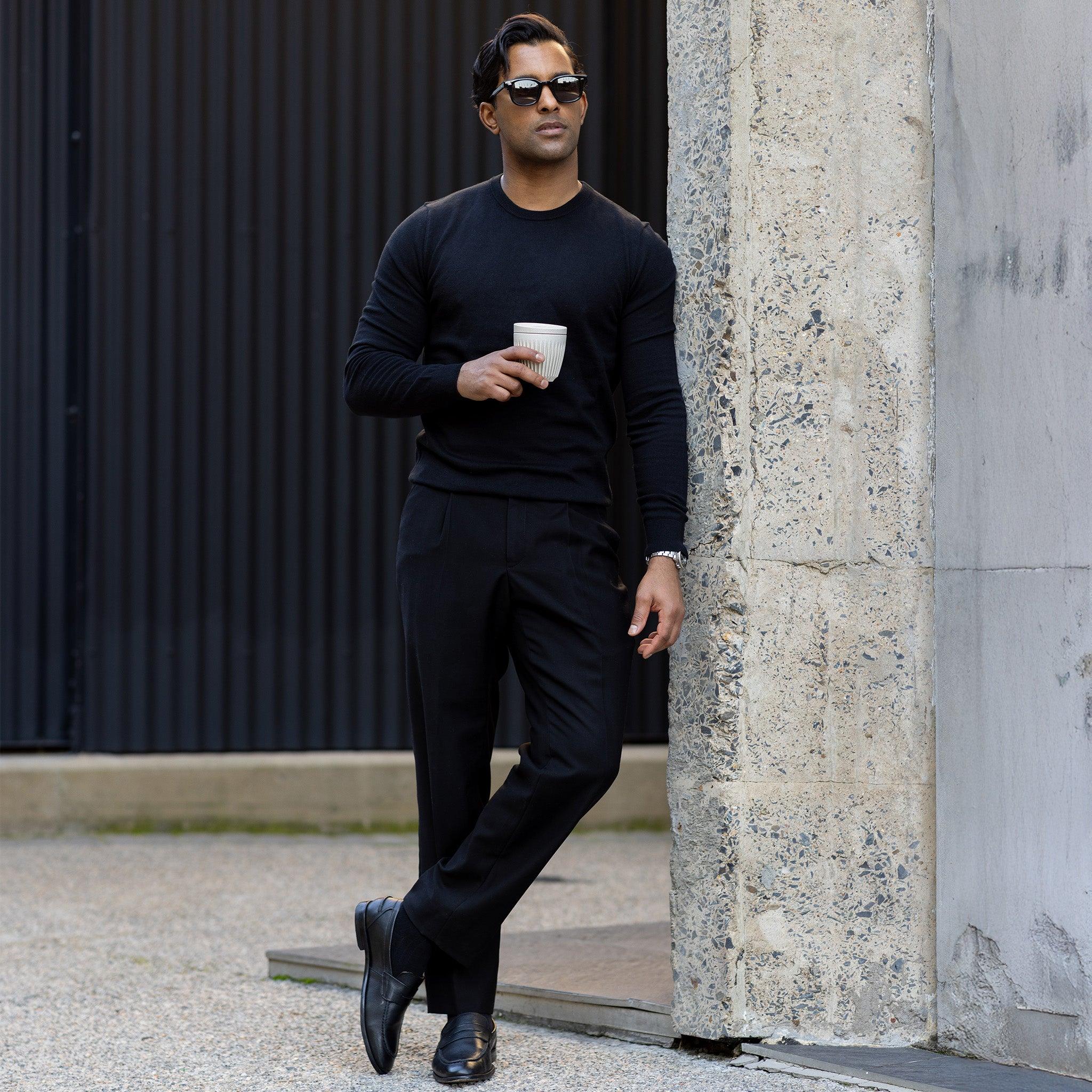 Black Luxury Touch Cotton and Cashmere Crew Neck Sweater | Collars