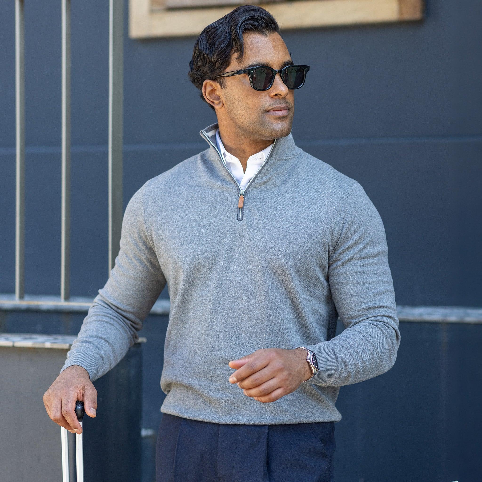 Grey with Grey Trim Luxury Touch Cotton and Cashmere Quarter Zip Sweater |  Collars & Co: Designer Polo Shirts | Menswear