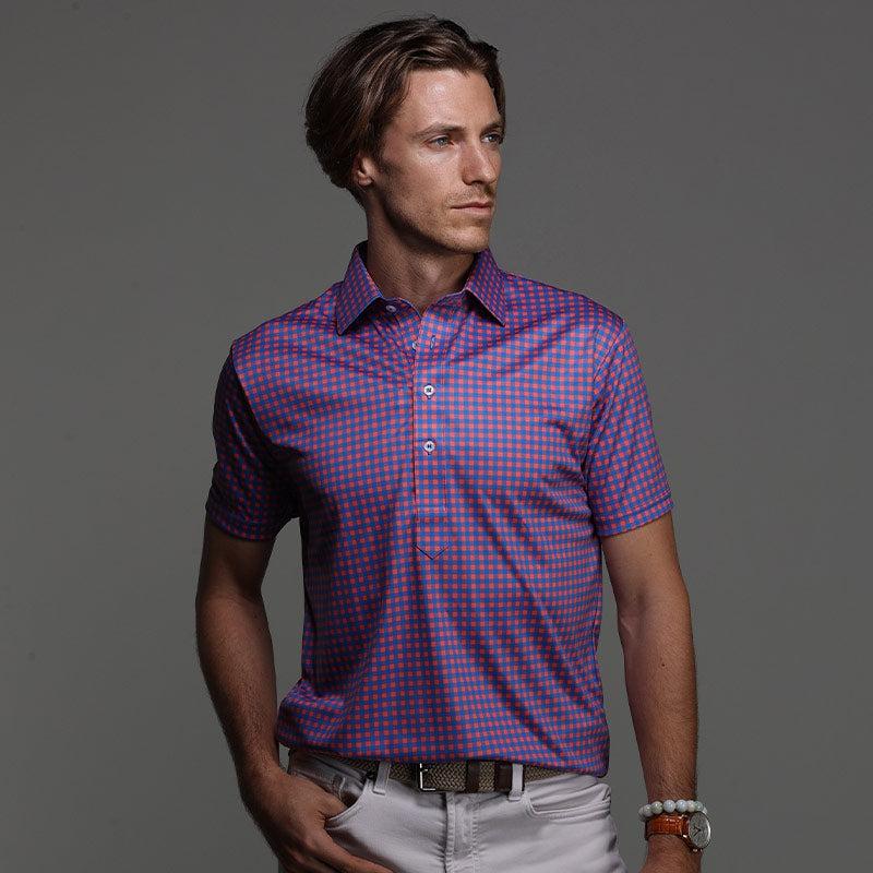 Collars and Co SemiSpread Collar Polo Tribeca Red and Blue Gingham