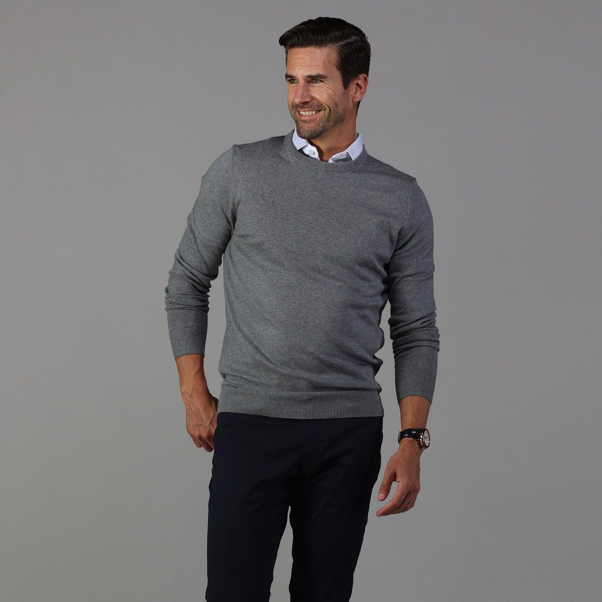 Grey Luxury Touch Cotton and Cashmere Crew Neck Sweater | Collars \u0026 Co:  Designer Polo Shirts | Menswear