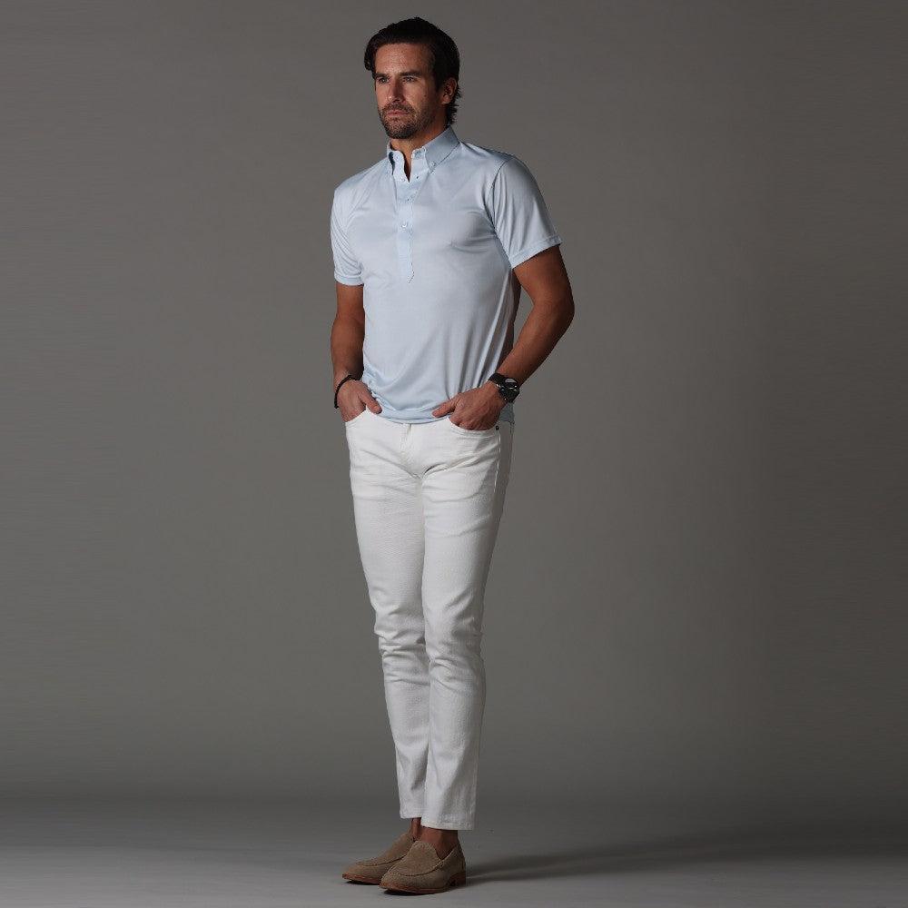 Polo Button Up with Casual Short - Micro Gingham Blue Blizzard