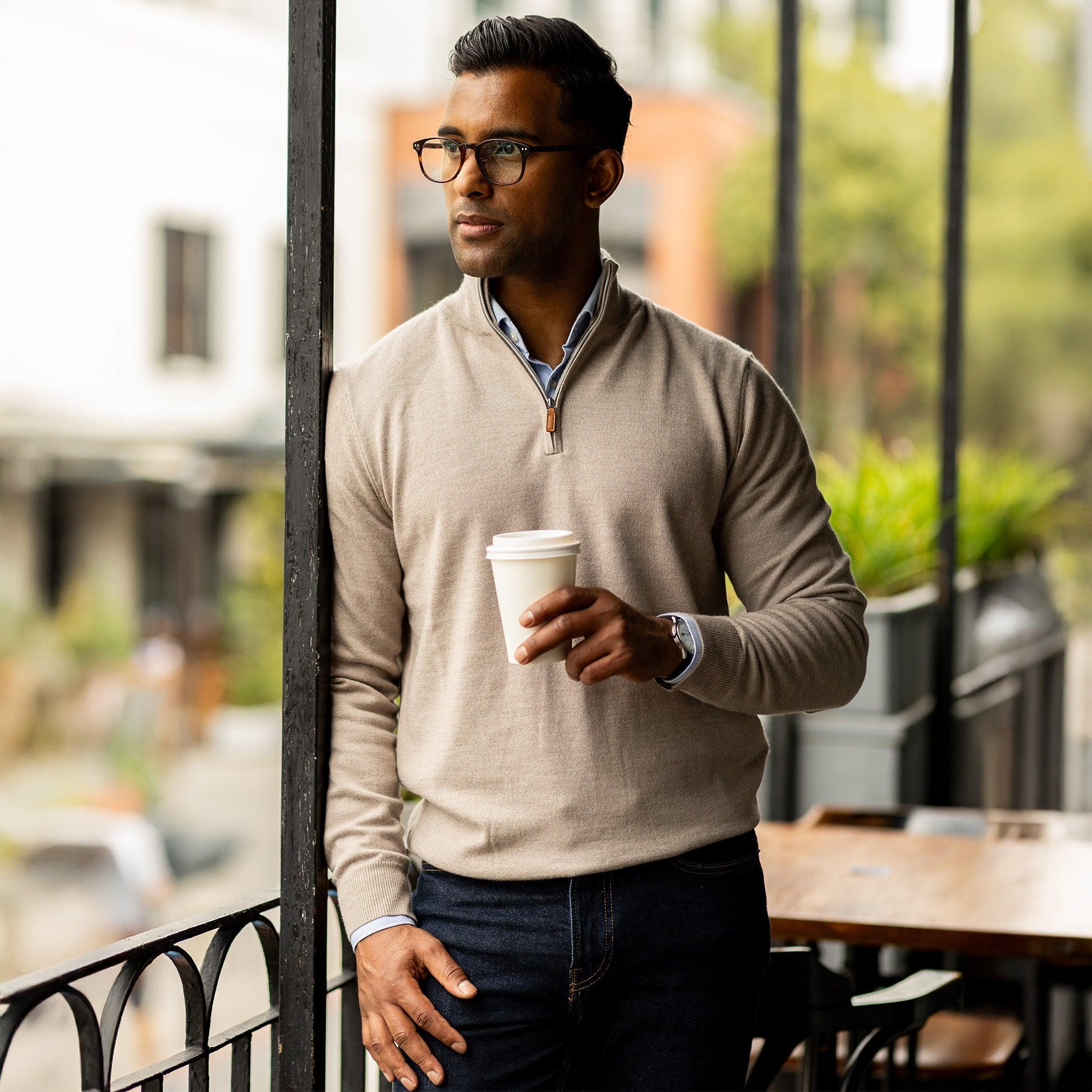 スペシャル◎ 50s golden arrow wool open collar Oatmeal Cashmere Touch Australian Merino Quarter Zip Sweater