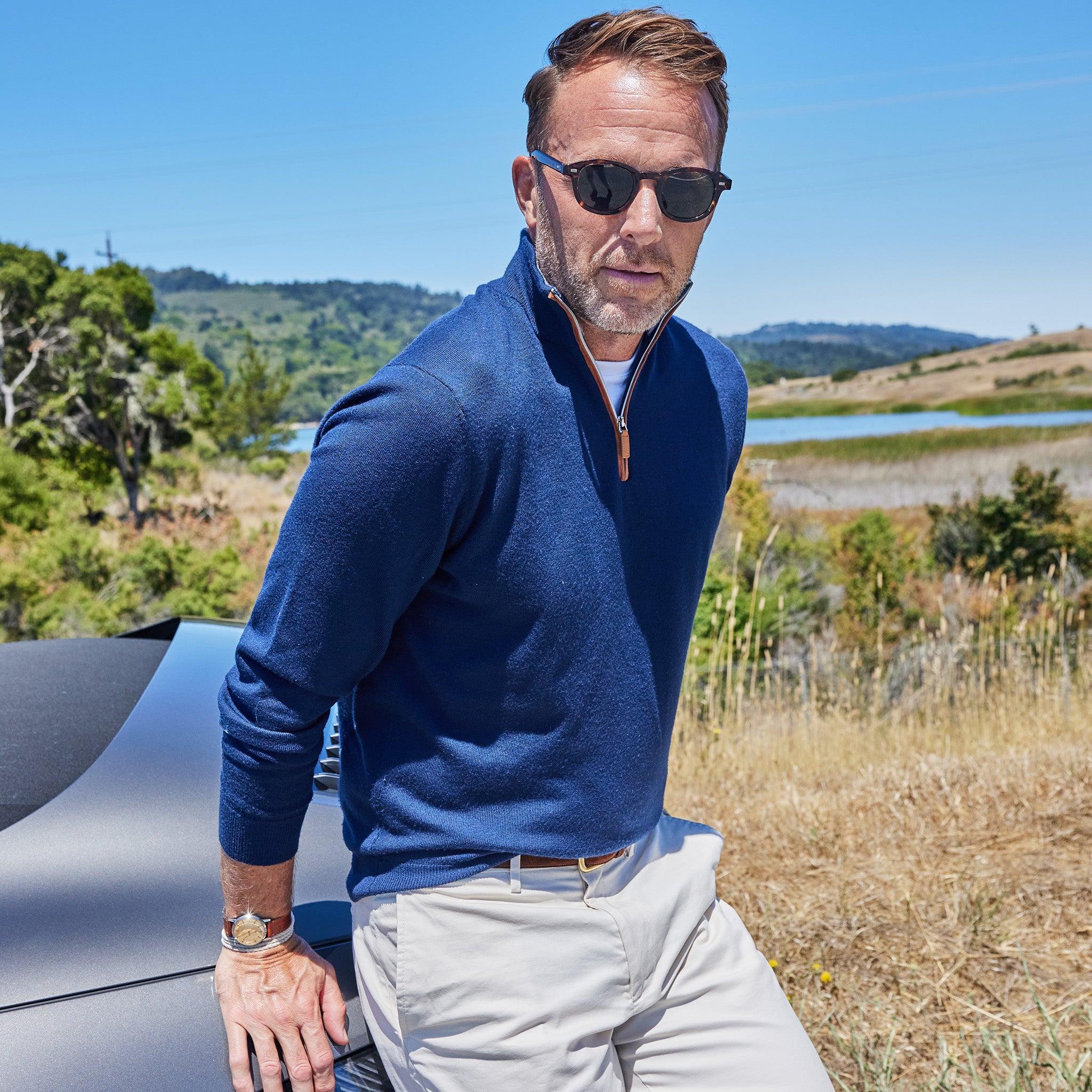 Navy with Brown Suede Trim Cashmere Touch Australian Merino