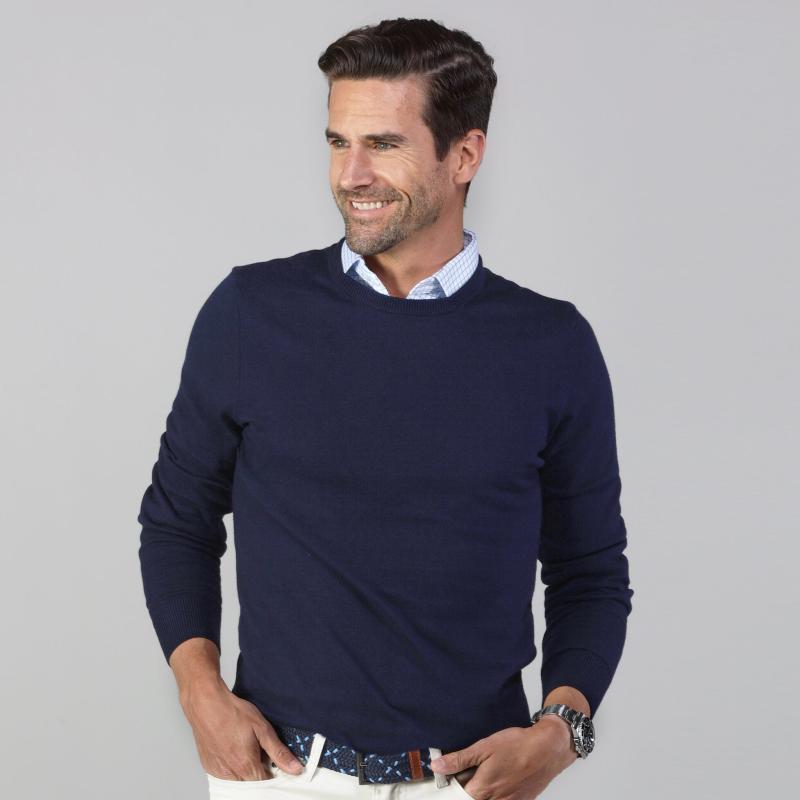 Navy Luxury Touch Cotton and Cashmere Crew Neck Sweater Collars