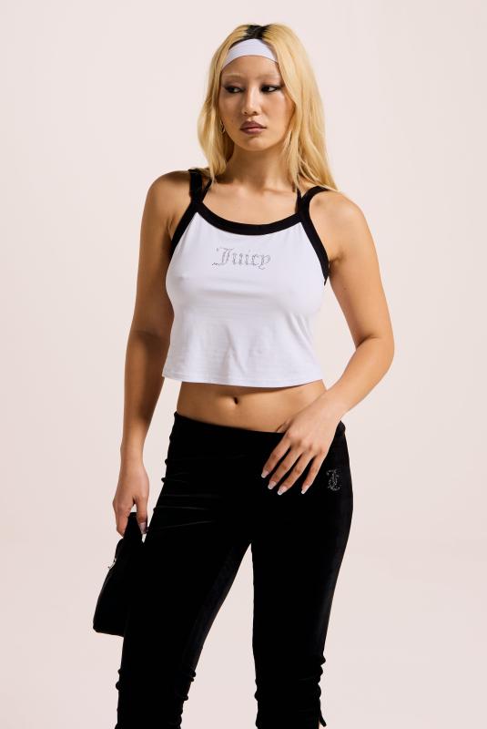 rin　Cotton Pile Cup Cami Top Cami Din Jersey Alb Cu Logo Juicy Diamante | Juicy