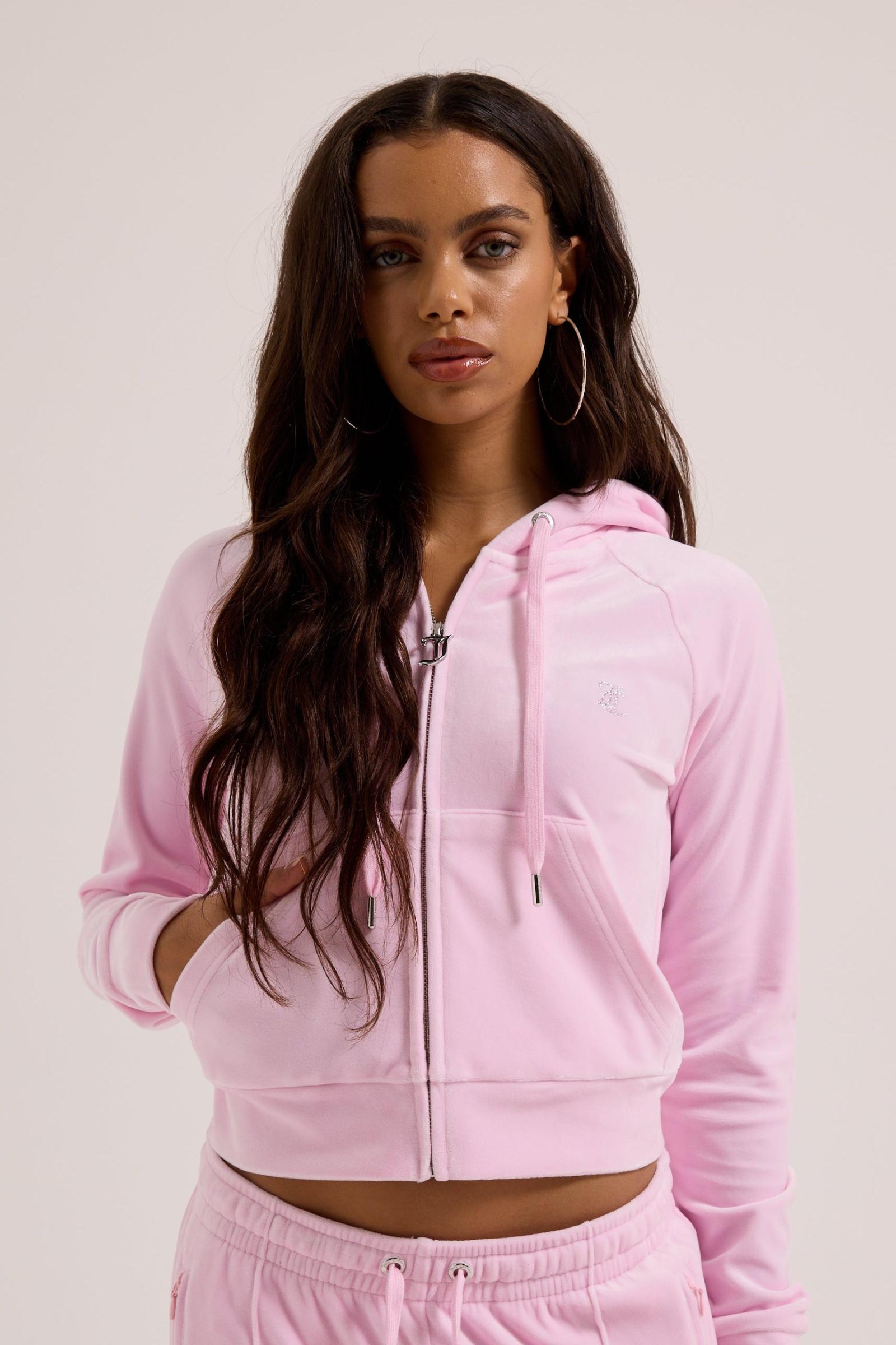 Cherry Blossom Outline Diamanté Velour Zip-through Hoodie | Juicy