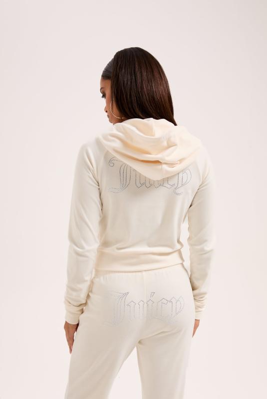 Cream Outline Diamanté Velour Zip-through Hoodie | Juicy Couture