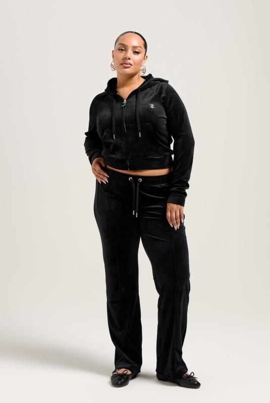 Waist Velour Tracksuit Wide Leg Black Velour Diamante Tracksuit