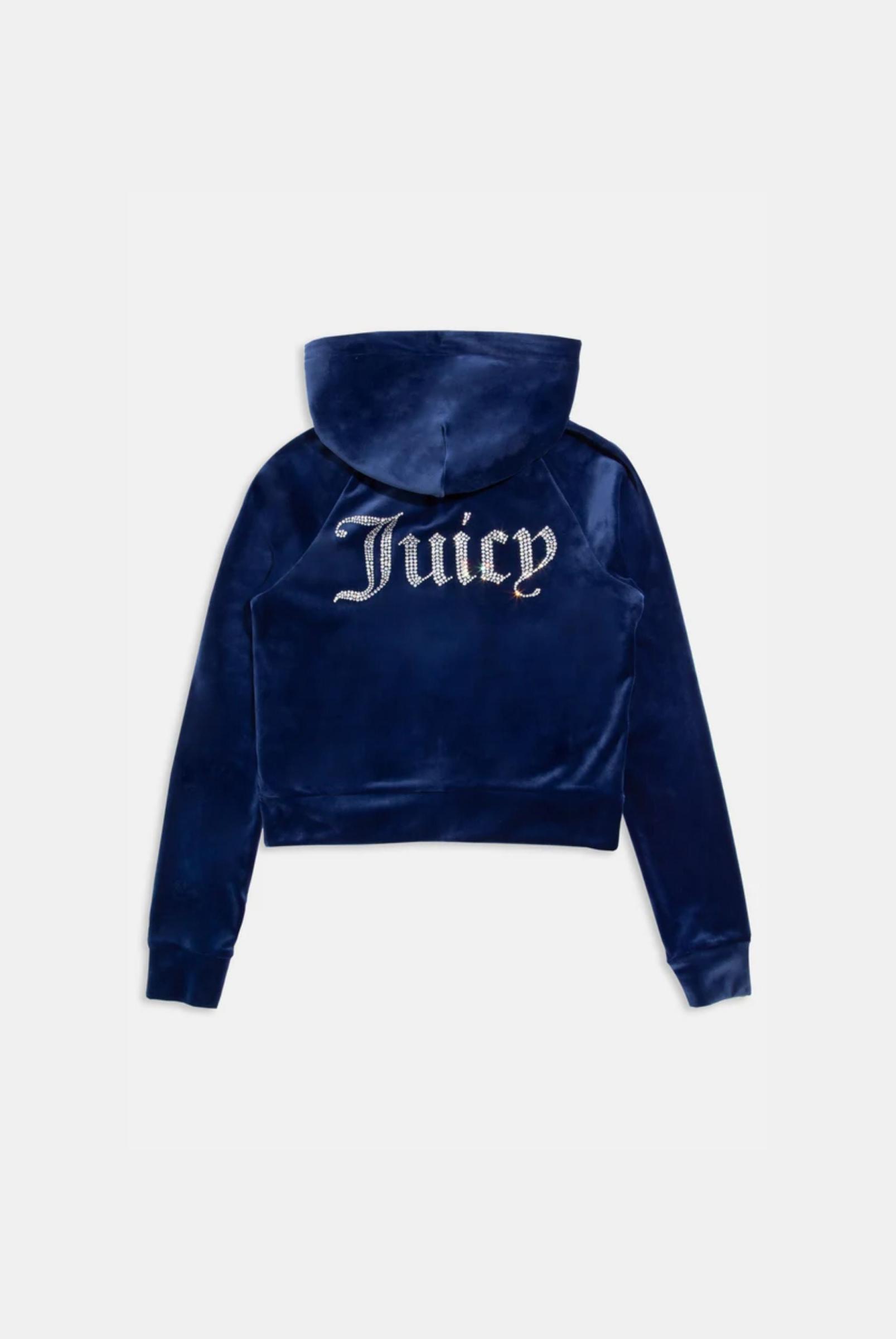 Blue Depths Diamante Velour Zip-through Hoodie | Juicy