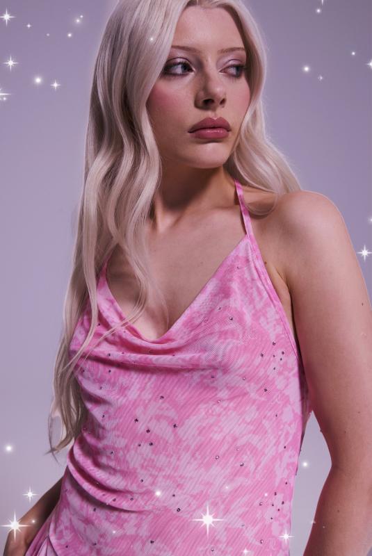 pink diamante mesh dress ELANI Low Back Diamante Mesh Mini Dress