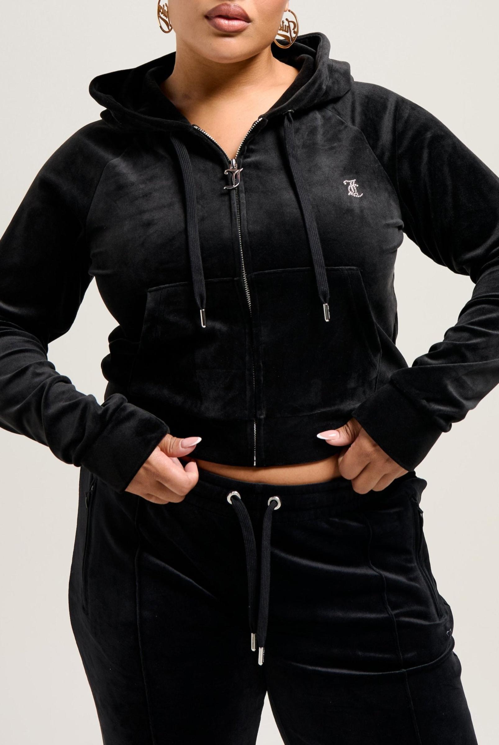 Black Diamante Velour Zip-through Hoodie | Juicy Couture Belgium