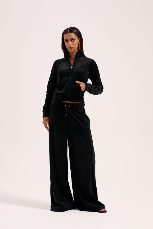 Waist Velour Tracksuit Wide Leg Black Outline Diamante Wide Leg