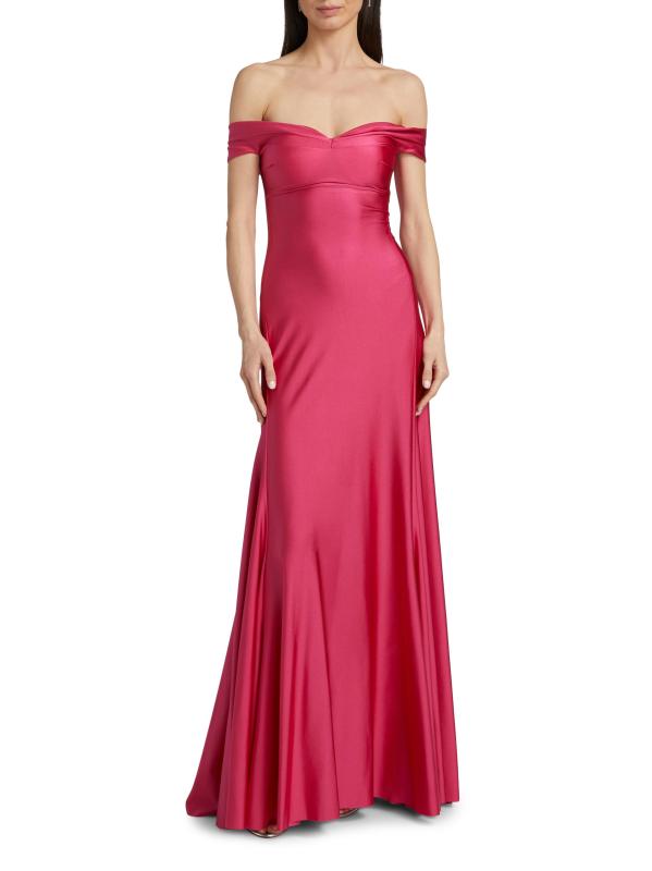 Shop Chiara Boni La Petite Robe Goem Satin Off-The-Shoulder Gown