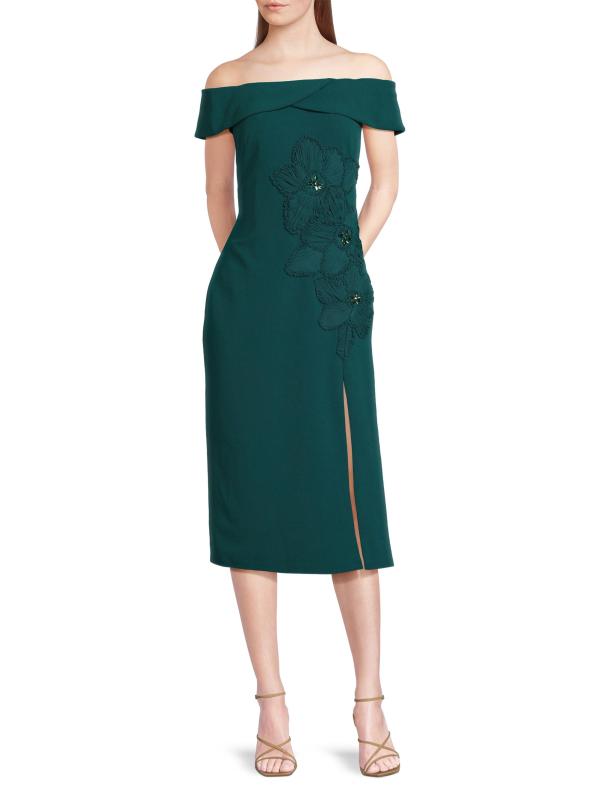 #5: فستان كوكتيل مكشوف الكتفين مزين بالأزهار - جوهرة خضراء