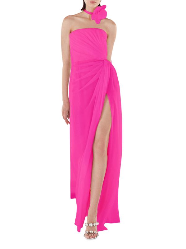 فستان بدون حمالات مزين بالترتر والزهور