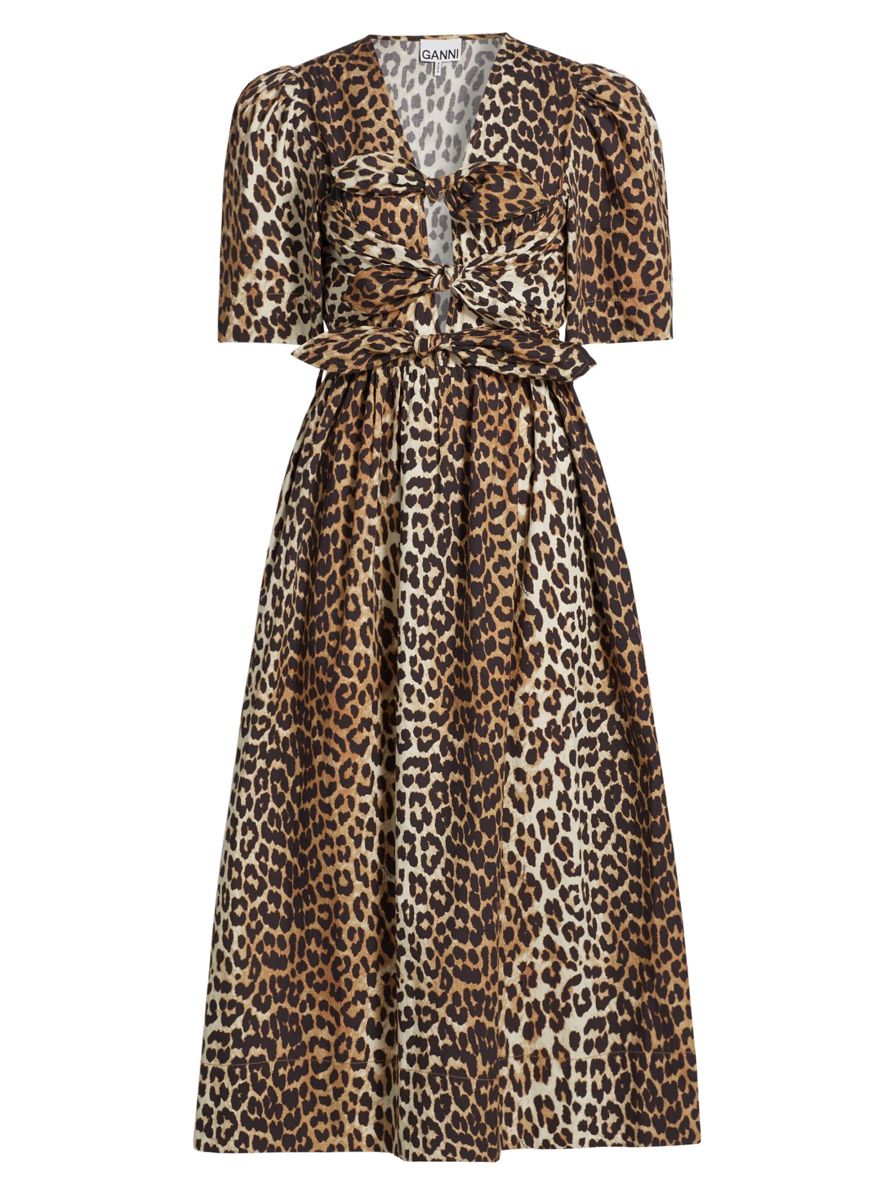 パーティードレス Leopard Print Tie Strap Midi Dress Shop GANNI - Leopard Cotton Tie-Strap Midi-Dress | Saks