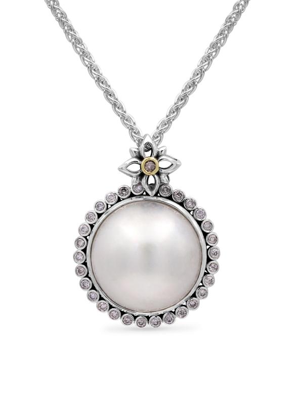 قلادة من الفضة الإسترلينية اللؤلؤية والذهب الأصفر عيار 18 قيراط والأحجار الكريمة المتعددة