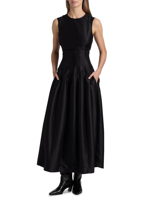 #2: فستان متوسط الطول من استيفانيا شانتونغ سيلك فيت آند فلير - أسود