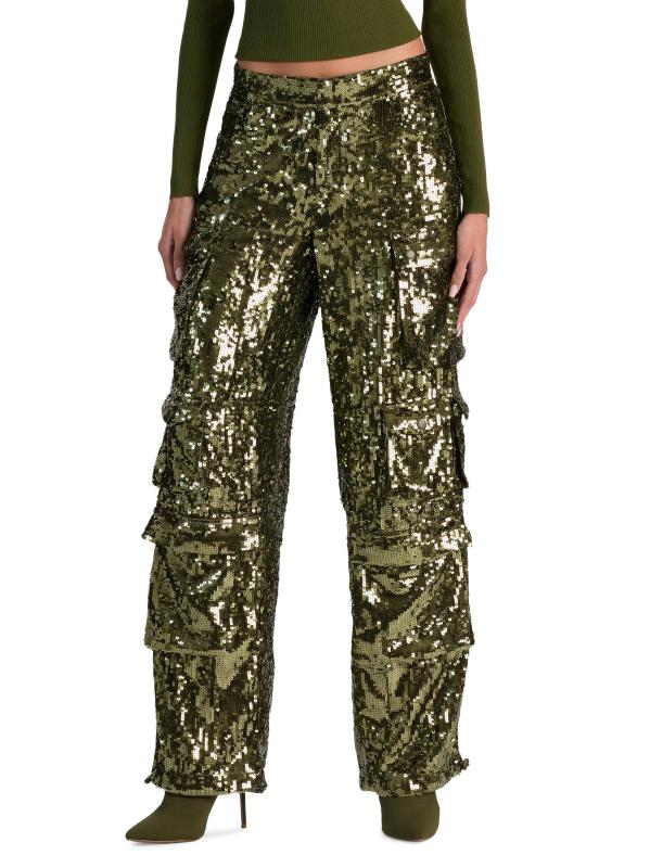 #2: بنطال كارغو فضفاض مزيّن بالترتر من أوليمبيا - زيت الزيتون الداكن