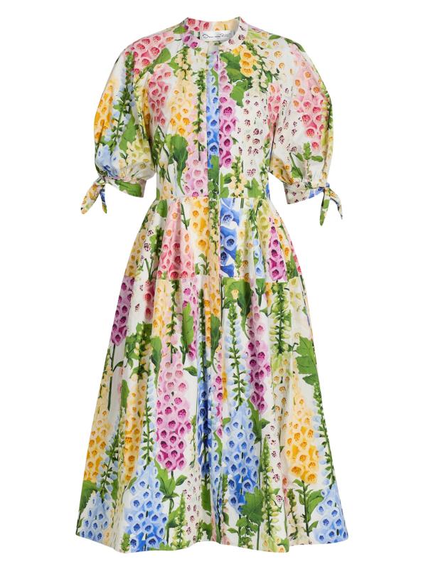 فستان متوسط الطول من البوبلين القطني القابل للتمدد بنقشة الزهور