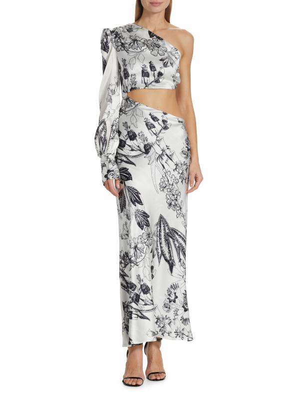 #2: فستان Matiz غير المتماثل من الحرير القابل للتمدد بالزهور - حرير ساتان قابل للتمدد باللون الأبيض والأسود