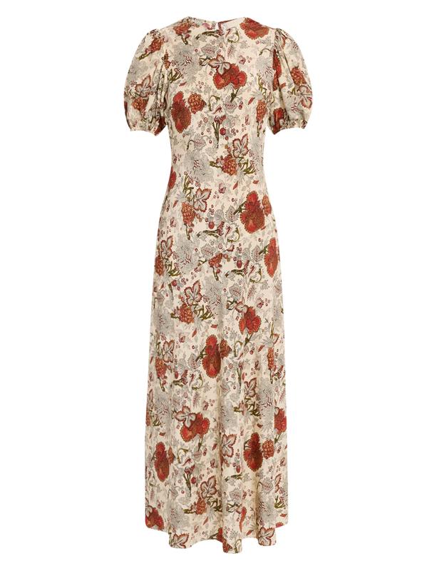 فستان متوسط الطول بأكمام منفوخة من الحرير الزهري من Ines